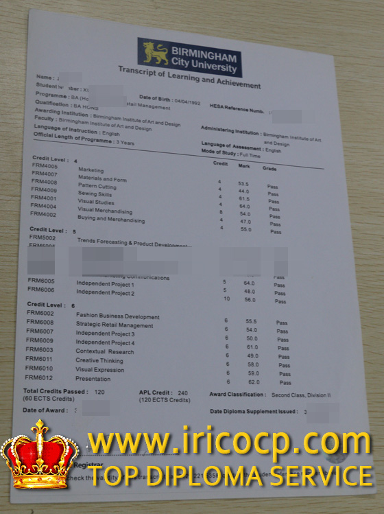 Transcript Birmingham city university, diploma, degrees