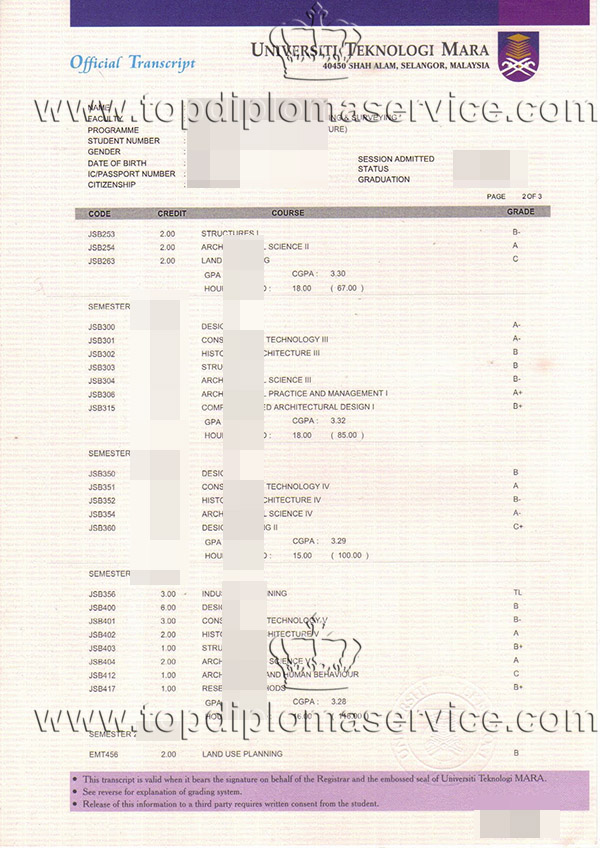 Universiti Teknologi MARA Transcript make degree in Malaysia