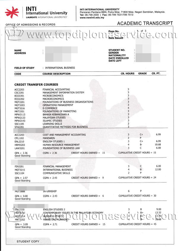 buy INTI International University Transcript from Malaysia