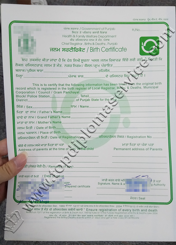 Birth certificate Punjab, Indian birth certificate