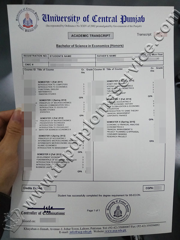 University of Central Punjab transcript, UCP diploma