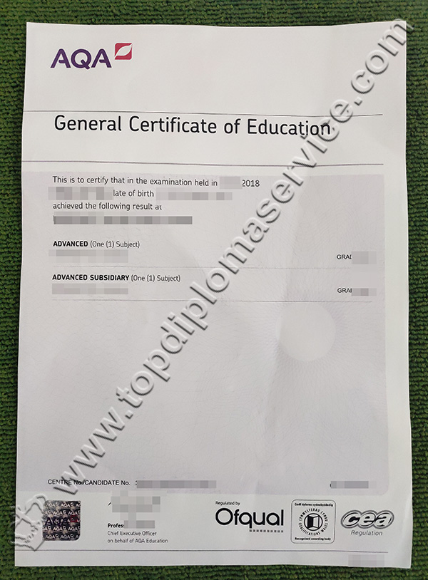 AQA certificate, GCE certificate, GCSE certificate