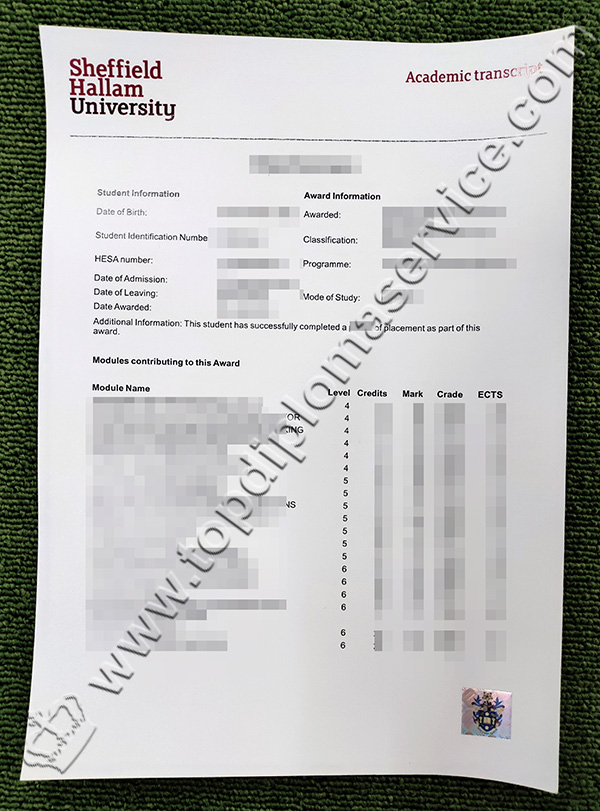 Sheffield Hallam University transcript, Sheffield University transcript, fake transcript