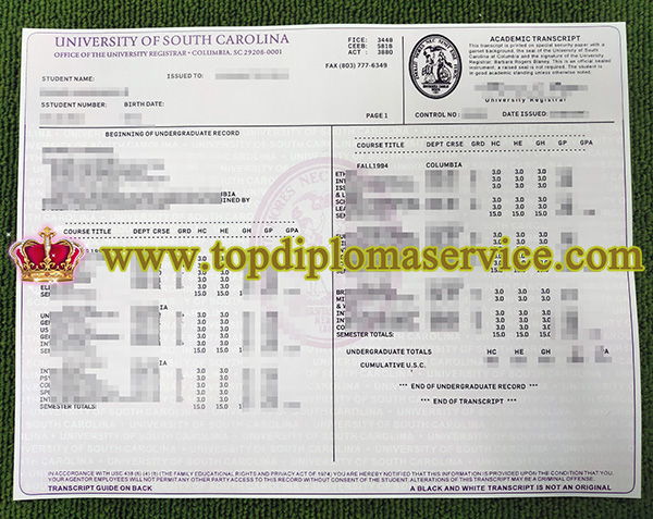 University of South Carolina transcript, USC transcript, fake University of South Carolina diploma, 