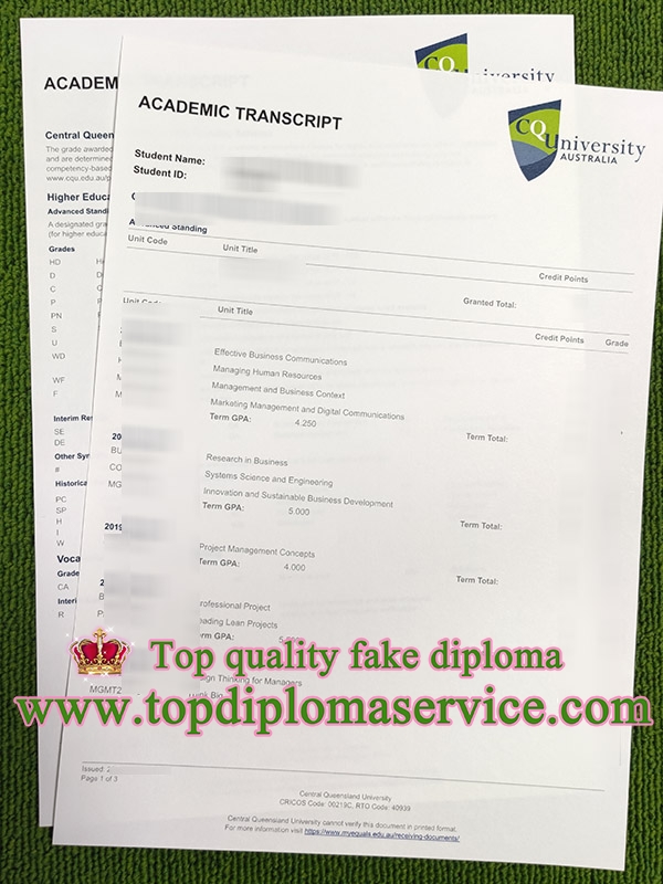 fake Central Queensland University transcript