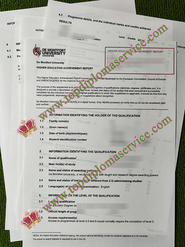 De Montfort University transcript, De Montfort University higher education achievement report, De Montfort University transcript, De Montfort University higher education achievement report,